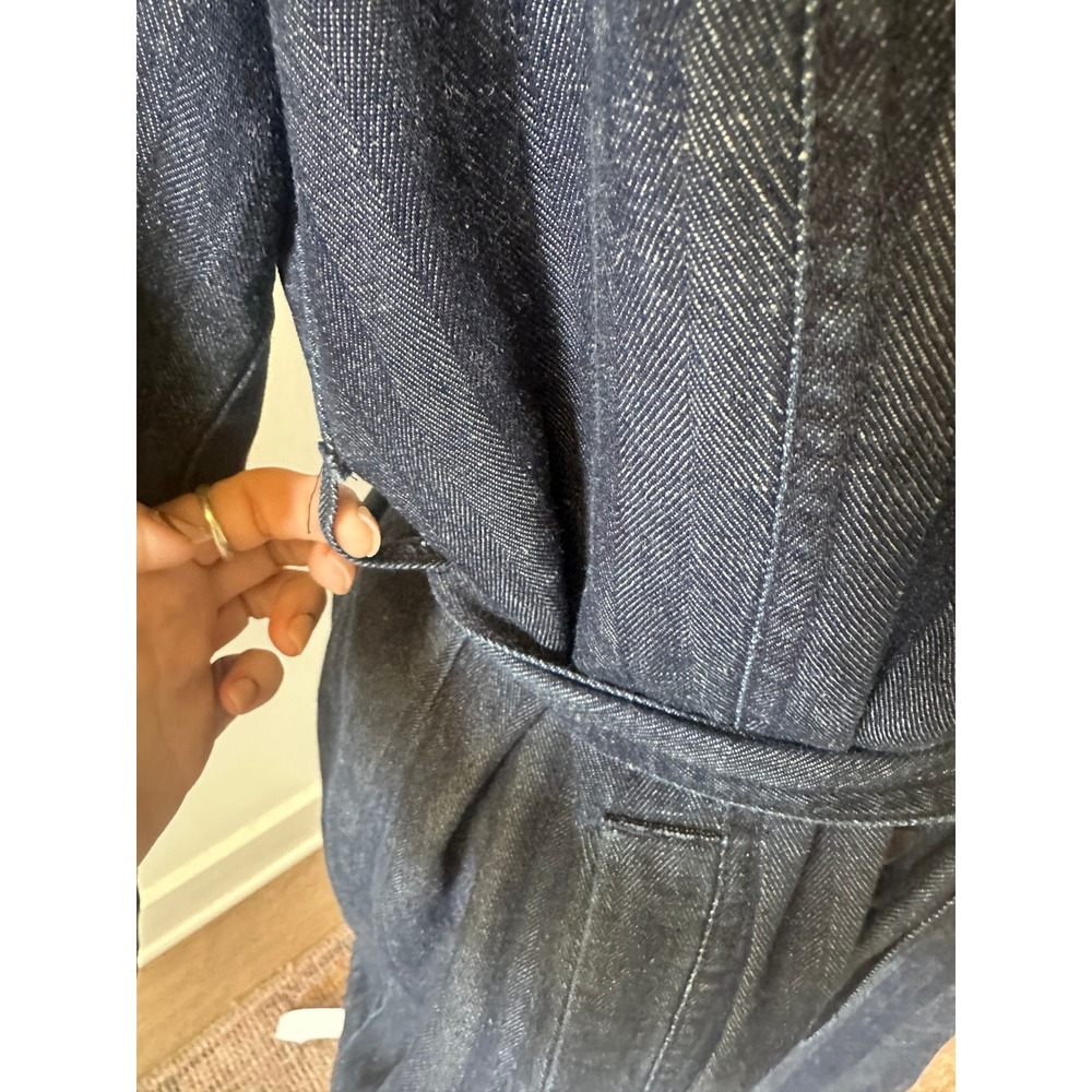 Chicos Dark Wash Denim Trench Coat Double Breasted Herringbone Long Jacket Sz 1 - Picture 9 of 13